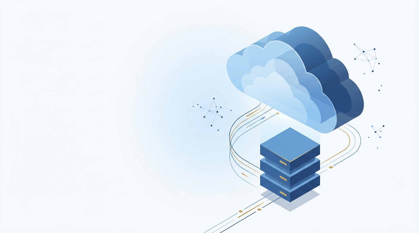 Luminous abstract cloud over a geometric server rack with data conduits in HarmonyX blue and gold